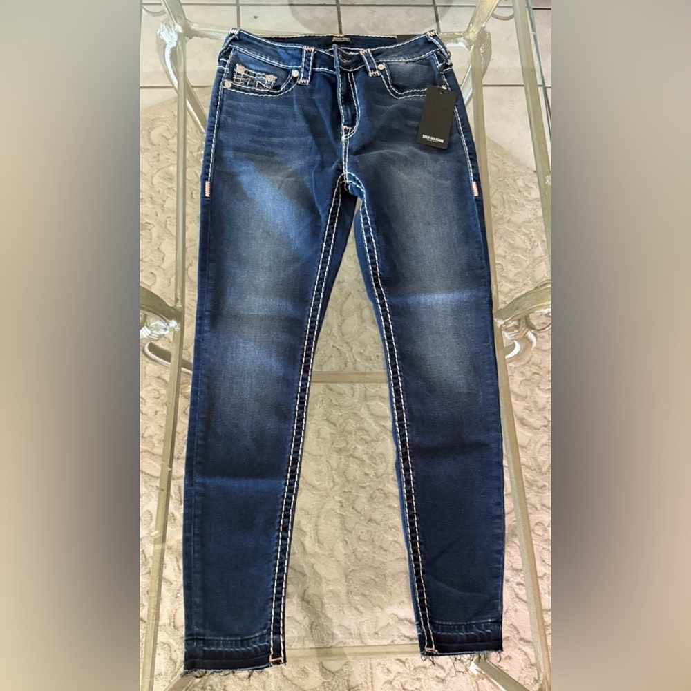 True Religion Women's Dark Indigo Skinny Jeans with Contrast Stitching